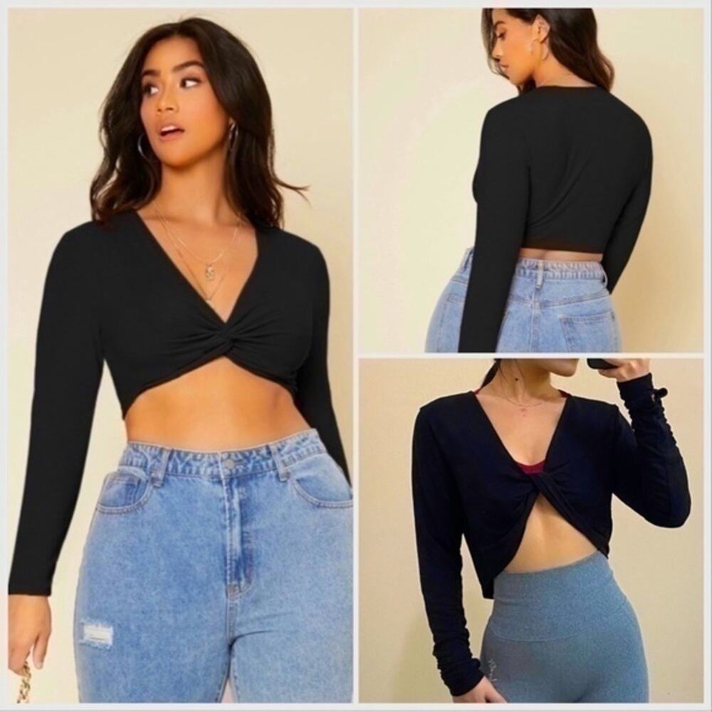 cAbi front twist long sleeve active top. Black. Medium. Stretch Crop